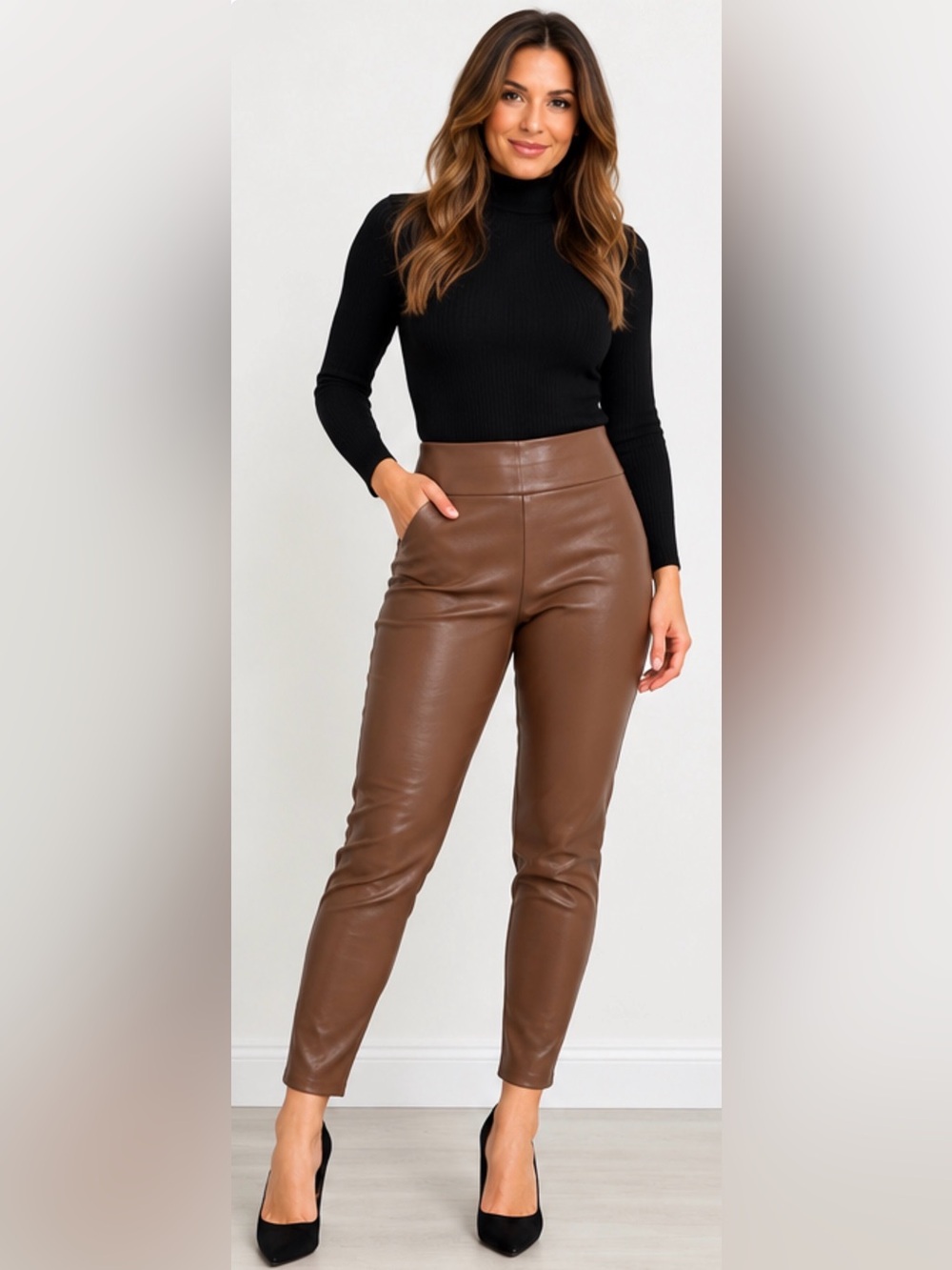 Frank Lyman Brown Faux Leather Pants Leggings Size 16 Made in Canada